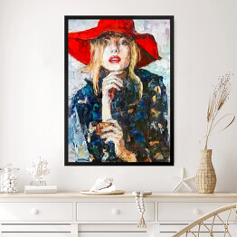 Obraz w ramie Portret młodej kobiety w czerwonym kapeluszu