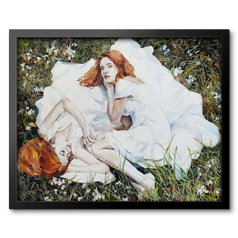 Rudowłose kobiety w bieli leżące na trawie w parku. Malarstwo