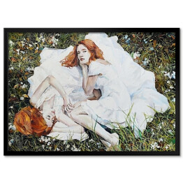 Rudowłose kobiety w bieli leżące na trawie w parku. Malarstwo