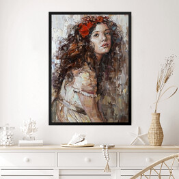 Obraz w ramie Portret dziewczyny z kwiatami w kręconych włosach. Malarstwo
