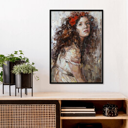 Plakat w ramie Portret dziewczyny z kwiatami w kręconych włosach. Malarstwo