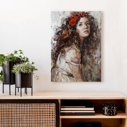 Obraz na płótnie Portret dziewczyny z kwiatami w kręconych włosach. Malarstwo