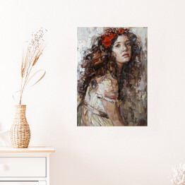 Plakat samoprzylepny Portret dziewczyny z kwiatami w kręconych włosach. Malarstwo