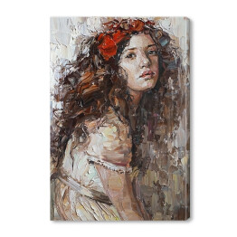 Obraz na płótnie Portret dziewczyny z kwiatami w kręconych włosach. Malarstwo