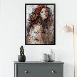 Obraz w ramie Portret dziewczyny z kwiatami w kręconych włosach. Malarstwo