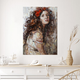 Plakat samoprzylepny Portret dziewczyny z kwiatami w kręconych włosach. Malarstwo