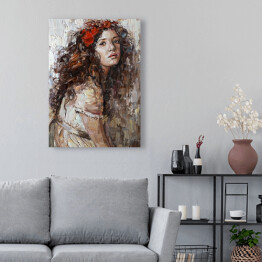Obraz klasyczny Portret dziewczyny z kwiatami w kręconych włosach. Malarstwo