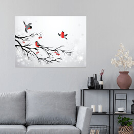 Plakat Gałąź i ptaki - zimowa ilustracja z gilami