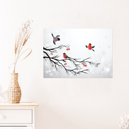 Plakat samoprzylepny Gałąź i ptaki - zimowa ilustracja z gilami