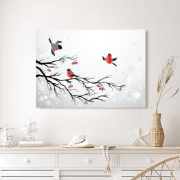 Obraz na płótnie Gałąź i ptaki - zimowa ilustracja z gilami