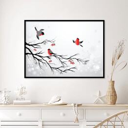 Plakat w ramie Gałąź i ptaki - zimowa ilustracja z gilami