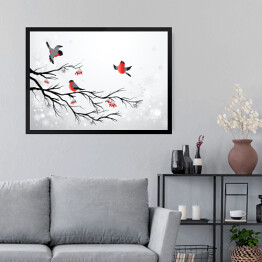 Obraz w ramie Gałąź i ptaki - zimowa ilustracja z gilami