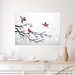 Plakat samoprzylepny Gałąź i ptaki - zimowa ilustracja z gilami