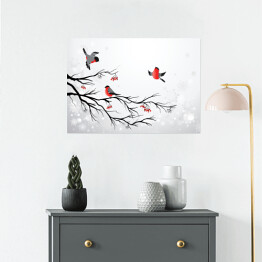 Plakat Gałąź i ptaki - zimowa ilustracja z gilami