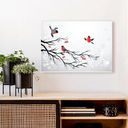 Obraz na płótnie Gałąź i ptaki - zimowa ilustracja z gilami