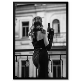Plakat w ramie Paryski balkon. Fotografia czarno biała kobiety w stylizacji retro