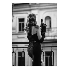 Plakat Paryski balkon. Fotografia czarno biała kobiety w stylizacji retro