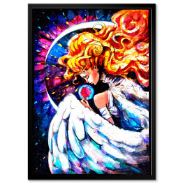Plakat w ramie Kobieta anioł na tle abstrakcyjnego nieba