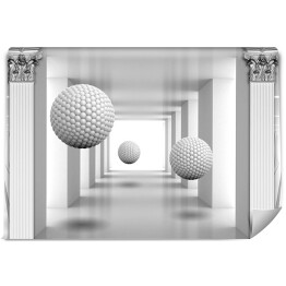 Dekoracyjne kule i kolumny w jasnym korytarzu 3D