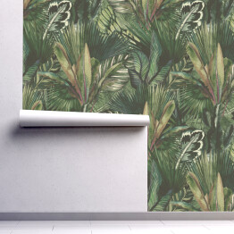 Tapeta samoprzylepna w rolce Tropikalne liście ręcznie rysowane przez akwarelę. Bezszwowe tropikalny wzór. Stock ilustracja