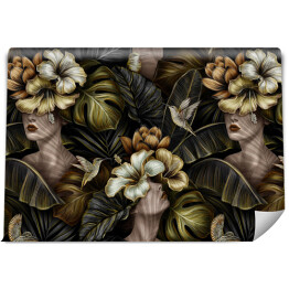 Fototapeta winylowa zmywalna Kobiety w tropikalnych kwiatach hibiskusa, liściach monstery i liściach bananowca