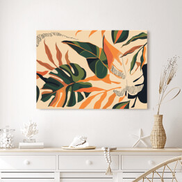 Obraz na płótnie Liście monstery - nowoczesna dżungla z kolorem pomarańczowym