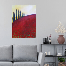 Plakat samoprzylepny Drzewa na wzgórzu pokrytym czerwoną trawą
