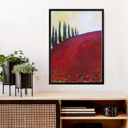 Obraz w ramie Drzewa na wzgórzu pokrytym czerwoną trawą