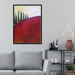 Plakat w ramie Drzewa na wzgórzu pokrytym czerwoną trawą