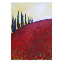 Plakat Drzewa na wzgórzu pokrytym czerwoną trawą