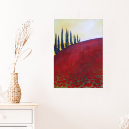 Plakat samoprzylepny Drzewa na wzgórzu pokrytym czerwoną trawą