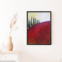 Obraz w ramie Drzewa na wzgórzu pokrytym czerwoną trawą