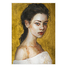 Plakat samoprzylepny Brunetka z zielonymi oczami i czerwonymi ustami. Portret kobiety