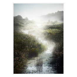 Plakat Wschód słońca nad rzeką. Mistyczny krajobraz z lasem we mgle