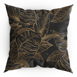 Poduszka spójny wzór wektorowy ze złotymi modnymi egzotycznymi liśćmi palmy i monstery izolowanymi na czarnym tle. Elegancki wzór do druku, tkanina, tapeta, karta, zaproszenie