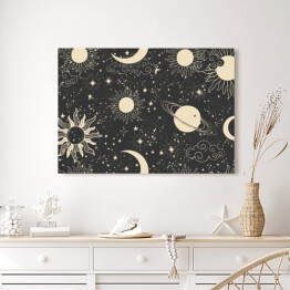 Obraz na płótnie Słońce, księżyc i planety na ciemnym niebie
