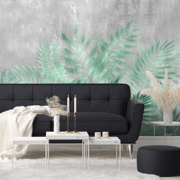 Fototapeta winylowa zmywalna Tropikalne liście palmowe w turkusowych barwach na tle imitującym beton