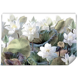 Fototapeta winylowa zmywalna Jasne kwiaty lotosu w rajskim ogrodzie w przygaszonych barwach - fototapeta 3D