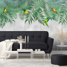 Fototapeta winylowa zmywalna Kolorowe papugi w wiszących liściach palmy na tle imitacji betonu