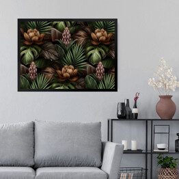 Obraz w ramie Kolorowe kwiaty, liście palmy i monstery w intensywnych barwach w dżungli