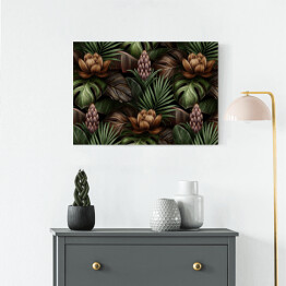 Obraz na płótnie Kolorowe kwiaty, liście palmy i monstery w intensywnych barwach w dżungli