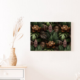 Obraz na płótnie Kolorowe kwiaty, liście palmy i monstery w intensywnych barwach w dżungli