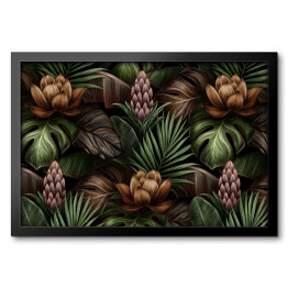 Obraz w ramie Kolorowe kwiaty, liście palmy i monstery w intensywnych barwach w dżungli