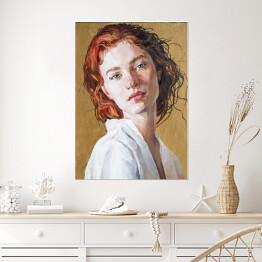 Portret rudowłosej kobiety w białej koszuli. Malarstwo