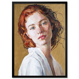 Plakat w ramie Portret rudowłosej kobiety w białej koszuli. Malarstwo