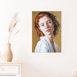 Plakat Portret rudowłosej kobiety w białej koszuli. Malarstwo