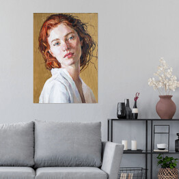 Plakat Portret rudowłosej kobiety w białej koszuli. Malarstwo