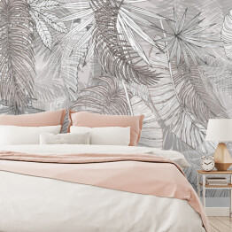Fototapeta winylowa zmywalna Mural - tropikalne liście bananowca i palmy w odcieniach beżu i szarości