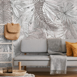Fototapeta winylowa zmywalna Mural - tropikalne liście bananowca i palmy w odcieniach beżu i szarości