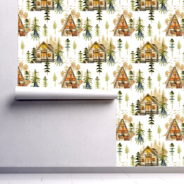 Tapeta w rolce spójny wzór z akwarelą przytulne domy i kabiny w lesie, ręcznie rysowane na białym tle